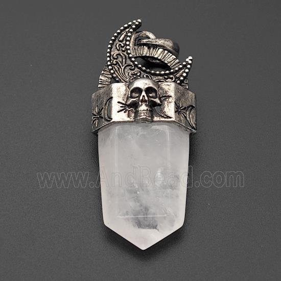 Natural Clear Quartz Prism Pendant Alloy Moon Skull Antique Silver