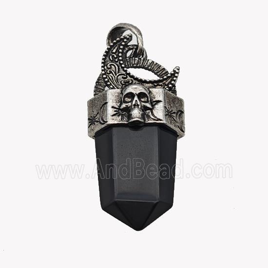 Natural Black Obsidian Prism Pendant Alloy Moon Skull Antique Silver