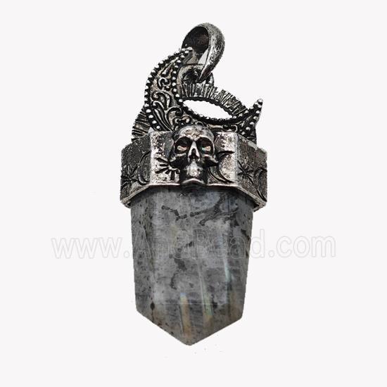 Natural Labradorite Prism Pendant Alloy Moon Skull Antique Silver