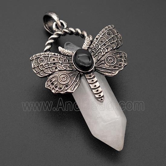 Natural Clear Quartz Prism Pendant Alloy Butterfly Antique Silver