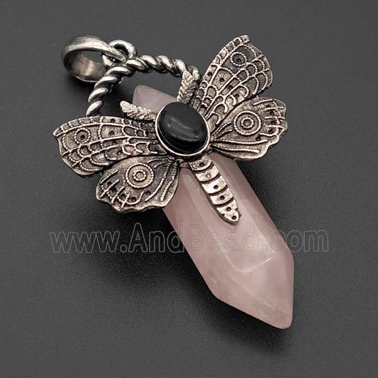 Natural Pink Rose Quartz Prism Pendant Alloy Butterfly Antique Silver