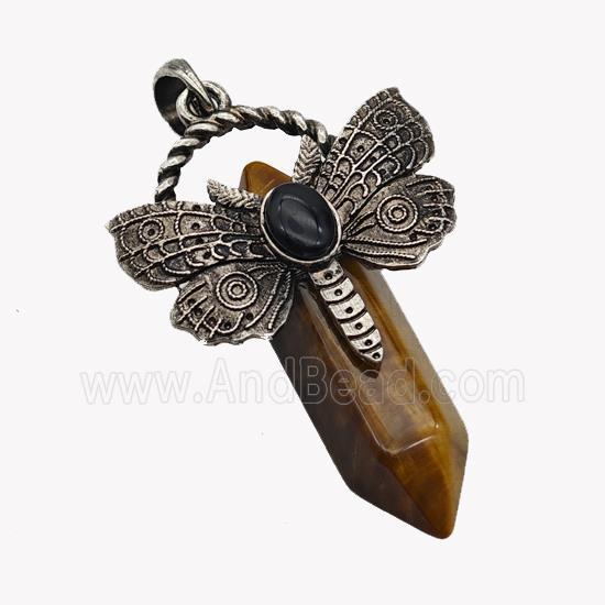 Natural Tiger Eye Stone Prism Pendant Alloy Butterfly Antique Silver