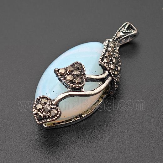 Natural Opalite Leaf Pendant Alloy Pave Rhinestone Antique Silver