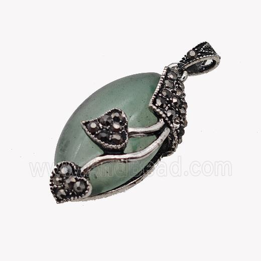 Natural Green Aventurine Leaf Pendant Alloy Pave Rhinestone Antique Silver