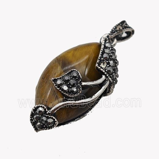 Natural Tiger Eye Stone Leaf Pendant Alloy Pave Rhinestone Antique Silver