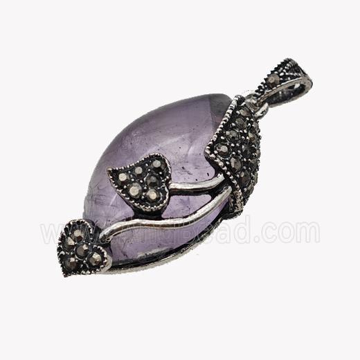 Natural Purple Amethyst Leaf Pendant Alloy Pave Rhinestone Antique Silver