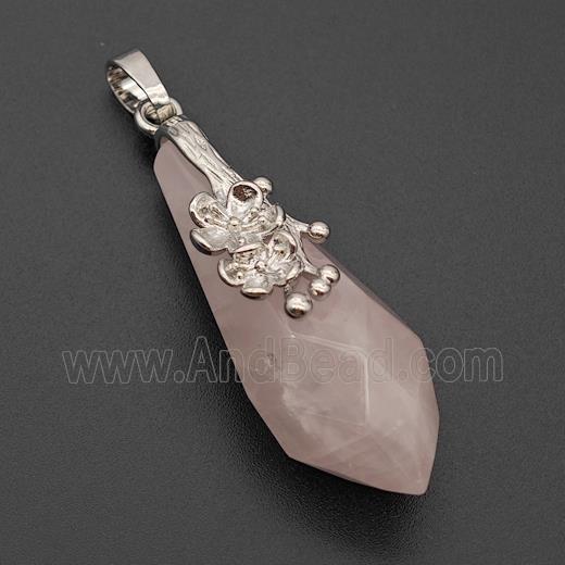 Natural Pink Rose Quartz Teardrop Pendant Alloy Flower Antique Silver