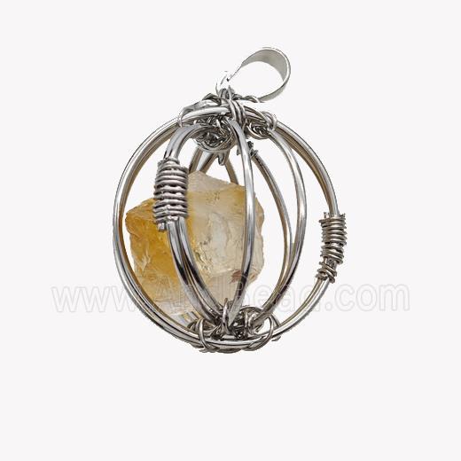Copper Sphere Pendant With Citrine Nugget Wire Wrapped Platinum Plated
