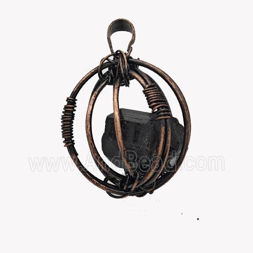 Copper Sphere Pendant With Black Obsidian Nugget Wire Wrapped Antique Red