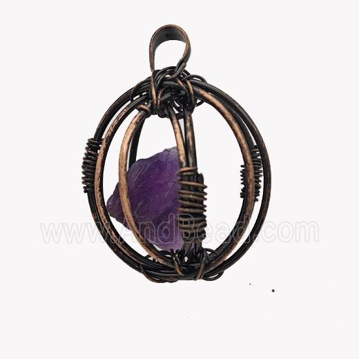 Copper Sphere Pendant With Amethyst Nugget Wire Wrapped Antique Red