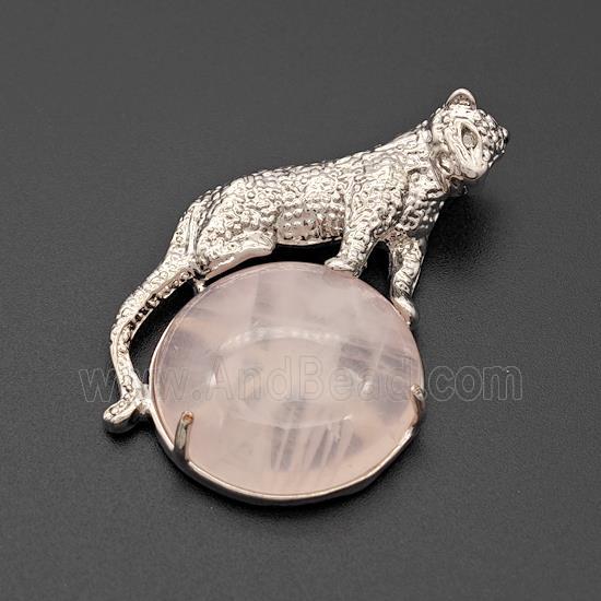Alloy Leopard Pendant Pave Rose Quartz Platinum Plated