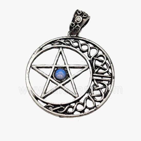 Alloy Moon Star Pendant Pave Opalite Antique Silver
