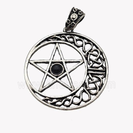 Alloy Moon Star Pendant Pave Black Obsidian Antique Silver