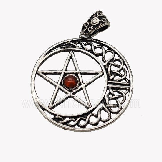 Alloy Moon Star Pendant Pave Red Agate Antique Silver