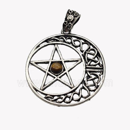 Alloy Moon Star Pendant Pave Tiger Eye Stone Antique Silver