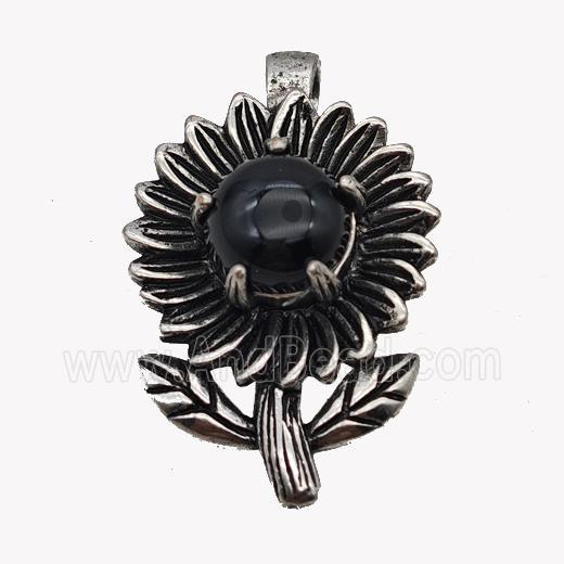 Alloy Sunflower Pendant Pave Black Obsidian Antique Silver