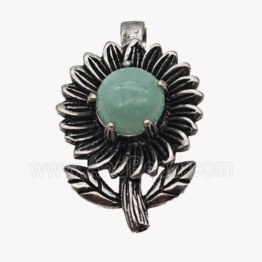 Alloy Sunflower Pendant Pave Green Aventurine Antique Silver