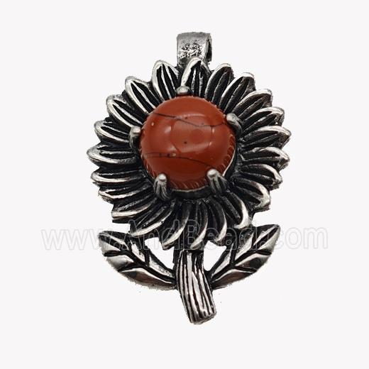 Alloy Sunflower Pendant Pave Red Jasper Antique Silver