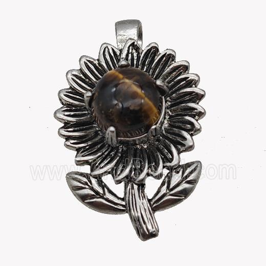 Alloy Sunflower Pendant Pave Tiger Eye Stone Antique Silver