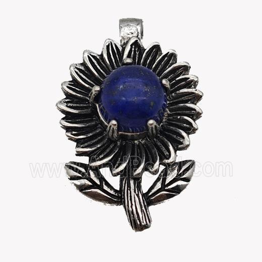 Alloy Sunflower Pendant Pave Blue Lapis Antique Silver