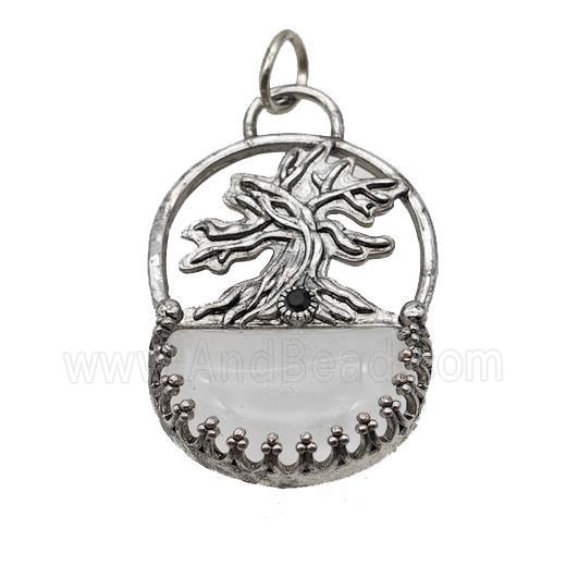 Alloy Tree Pendant Pave Clear Quartz Moon Antique Silver