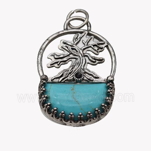 Alloy Tree Pendant Pave Teal Turquoise Moon Antique Silver