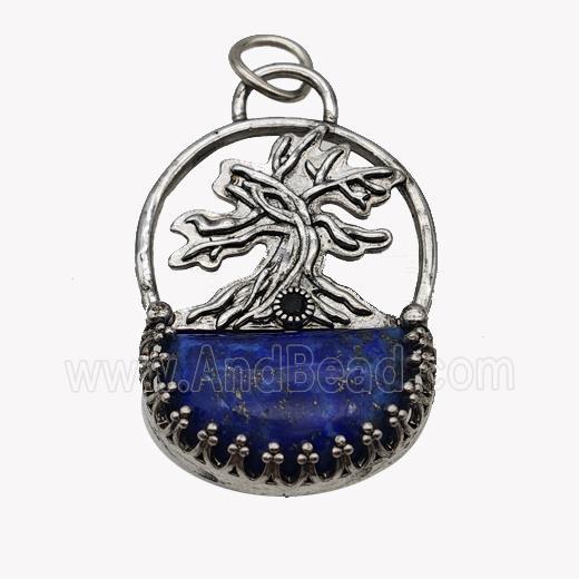 Alloy Tree Pendant Pave Blue Lapis Moon Antique Silver