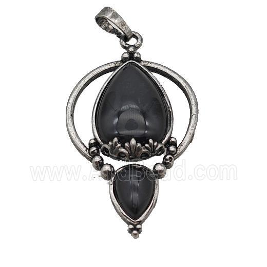 Alloy Teardrop Pendant Pave Black Obsidian Antique Silver
