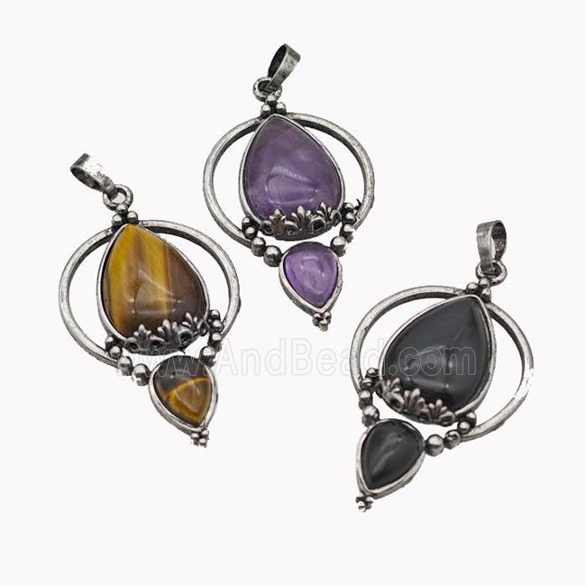 Alloy Teardrop Pendant Pave Gemstone Antique Silver Mixed