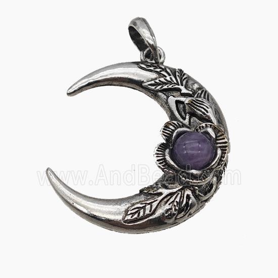 Alloy Moon Pendant Pave Purple Amethyst Antique Silver