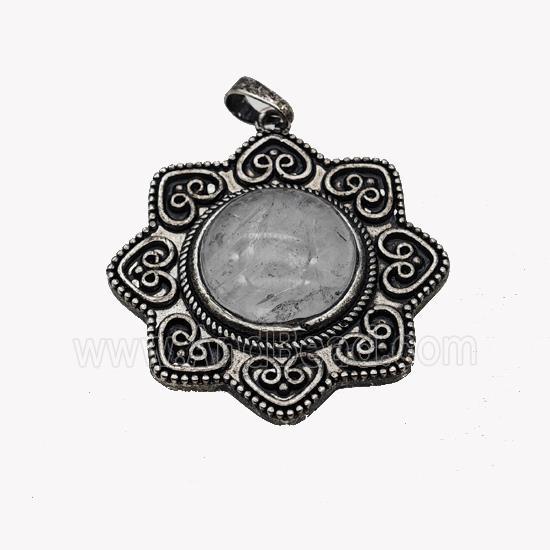 Alloy Flower Pendant Pave Clear Quartz Antique Silver