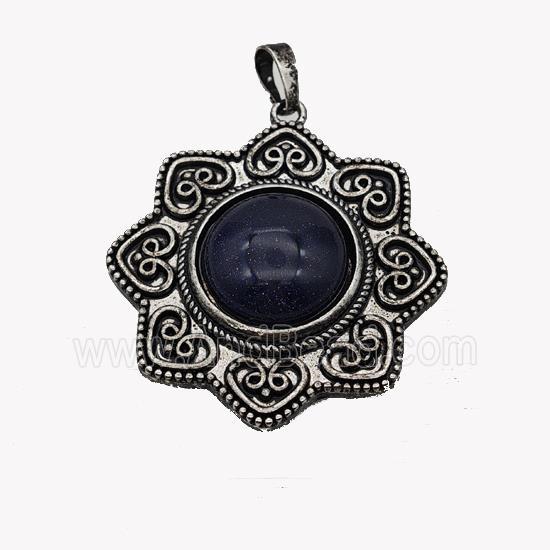 Alloy Flower Pendant Pave Blue Sandstone Antique Silver