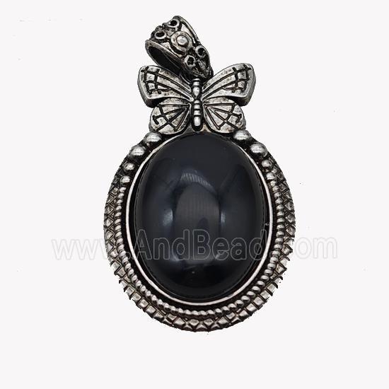Alloy Butterfly Pendant Pave Black Obsidian Antique Silver