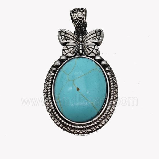 Alloy Butterfly Pendant Pave Teal Turquoise Antique Silver