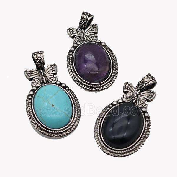 Alloy Butterfly Pendant Pave Gemstone Antique Silver Mixed