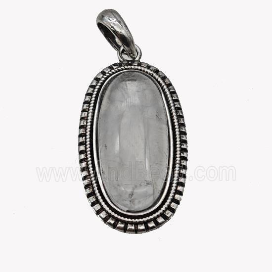 Alloy Oval Pendant Pave Clear Quartz Antique Silver