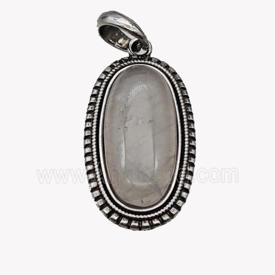 Alloy Oval Pendant Pave Rose Quartz Antique Silver