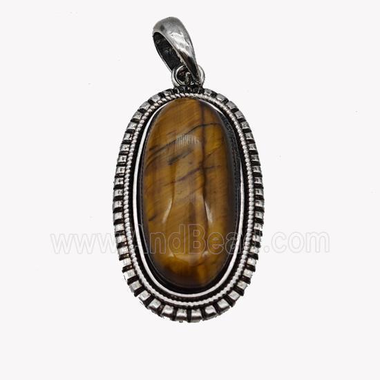 Alloy Oval Pendant Pave Tiger Eye Stone Antique Silver