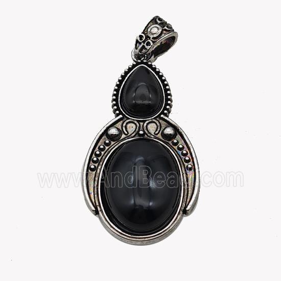Alloy Penguin Pendant Pave Black Obsidian Antique Silver