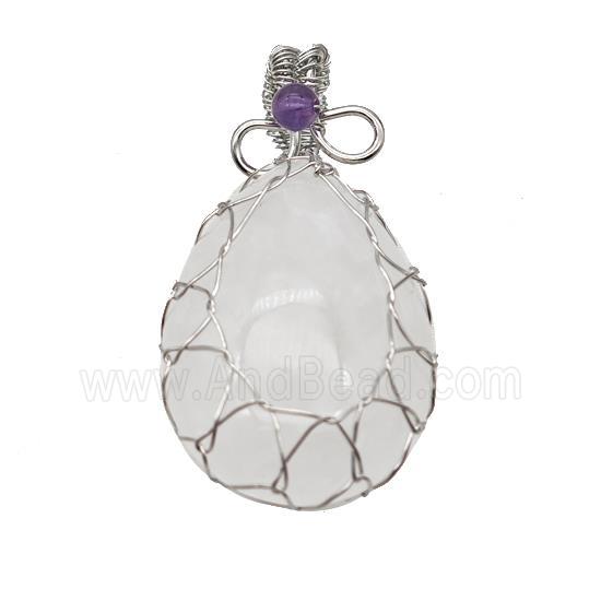 Natural Clear Quartz Teardrop Pendant Copper Wire Wrapped Platinum Plated