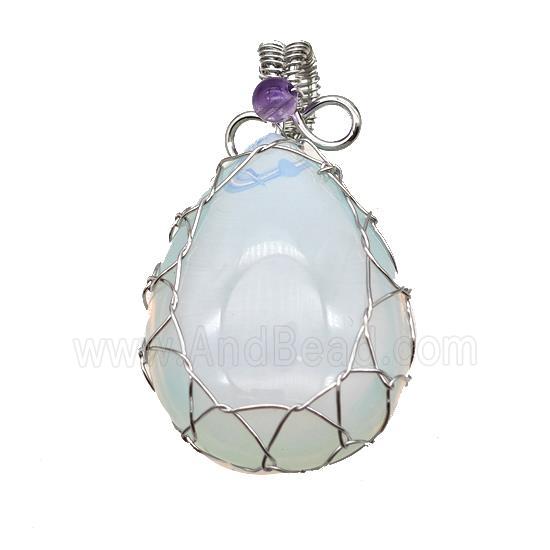 White Opalite Teardrop Pendant Copper Wire Wrapped Platinum Plated