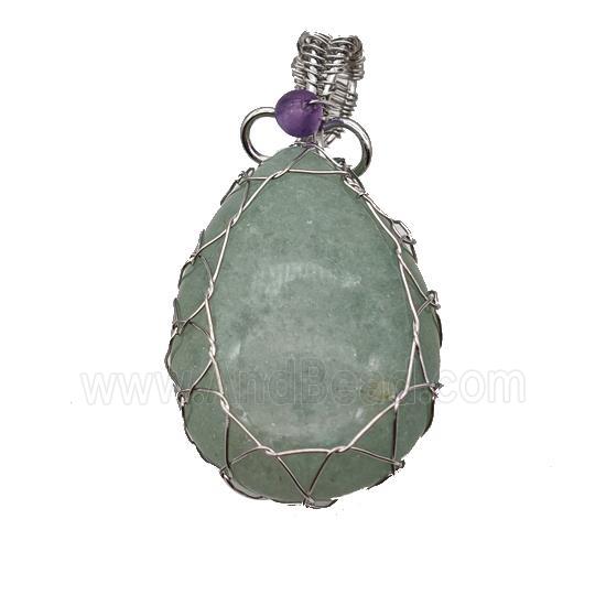 Natural Green Aventurine Teardrop Pendant Copper Wire Wrapped Platinum Plated