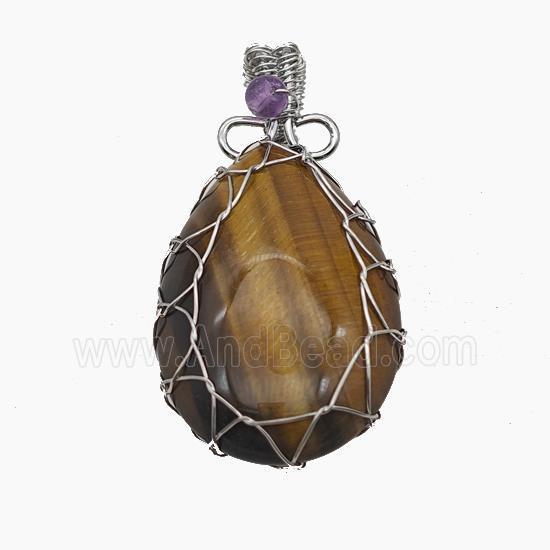 Natural Tiger Eye Stone Teardrop Pendant Copper Wire Wrapped Platinum Plated