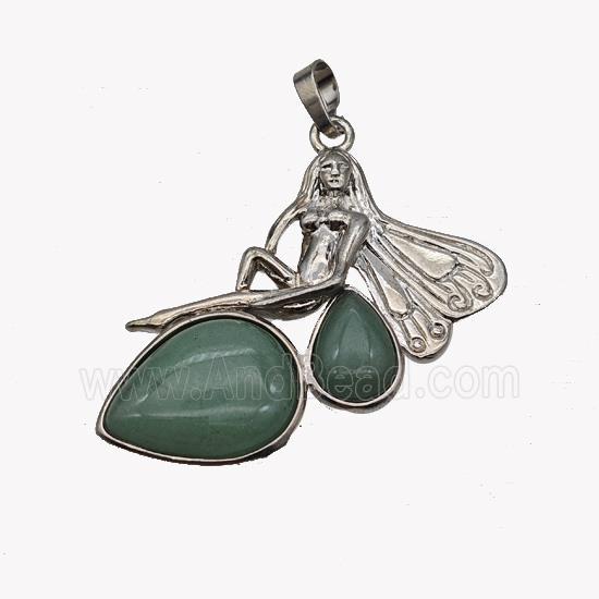 Alloy Fairy Pendant Pave Green Aventurine Platinum Plated