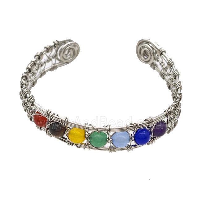 Copper Bangle With Chakra Gemstone Wire Wrapped Platinum Plated