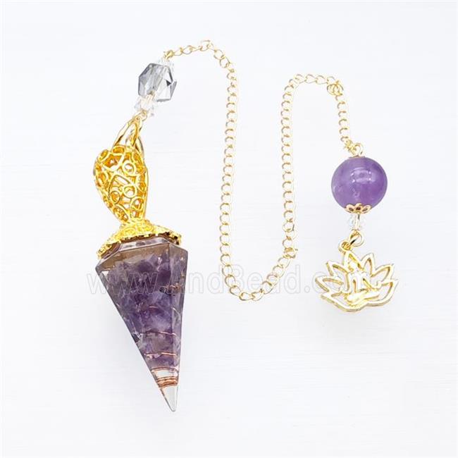Purple Amethyst Chips Resin Pendulum Pendant With Chain Lotus Gold Plated