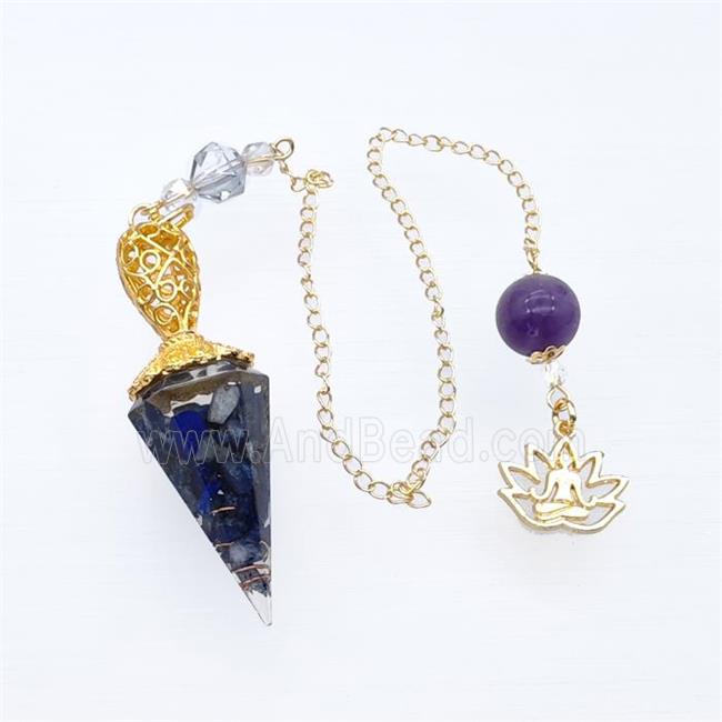 Blue Lapis Lazuli Chips Resin Pendulum Pendant With Chain Lotus Gold Plated