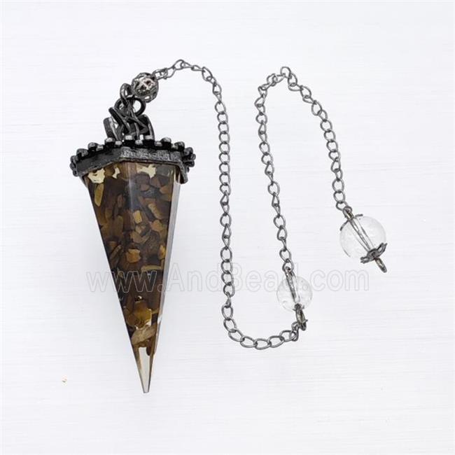 Tiger Eye Stone Chips Resin Pendulum Pendant With Chain Antique Silver