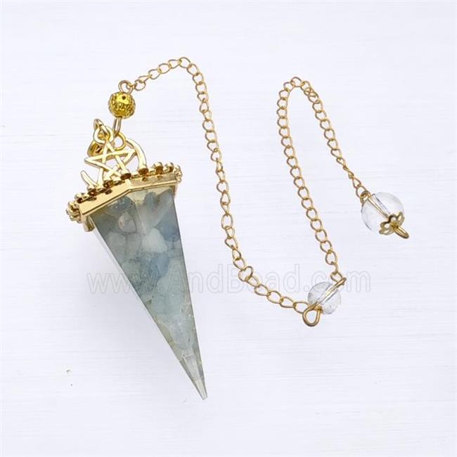 Blue Aquamarine Chips Resin Pendulum Pendant With Chain Gold Plated