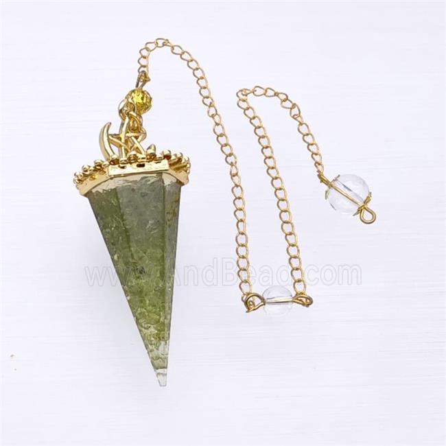 Green Peridot Chips Resin Pendulum Pendant With Chain Gold Plated